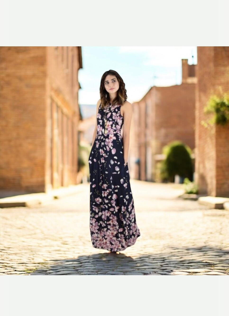 Maxi Navy Blue Floral Eloges Sleeveless Dress XLarge